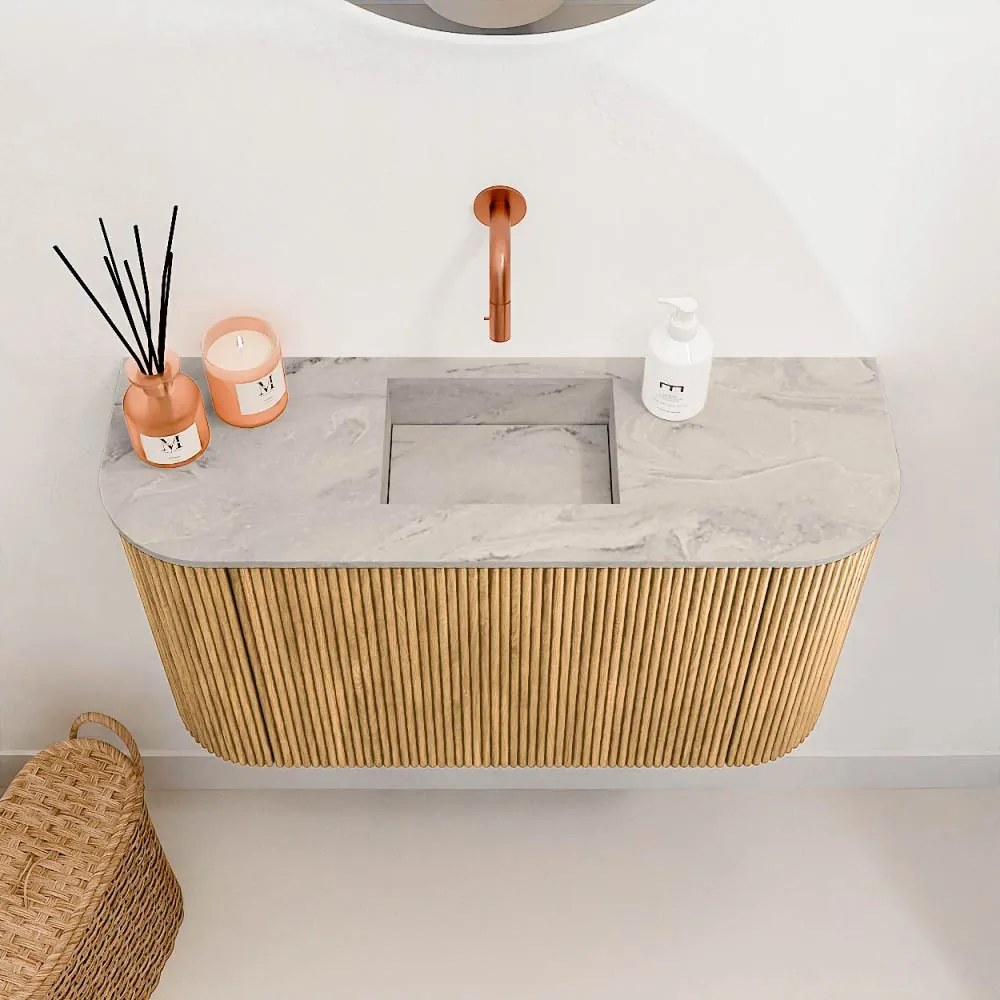 Mondiaz Joya DLux 75cm toiletmeubel ronding links/rechts oak met wastafel faye midden zonder kraangat glace
