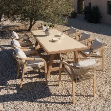 Set Van Een Rechthoekige Tafel 200x100 Cm En 8 Tuinstoelen Van Acaciahout Dubai Tapioca Beige & Stof Gardenia Wit - Sklum