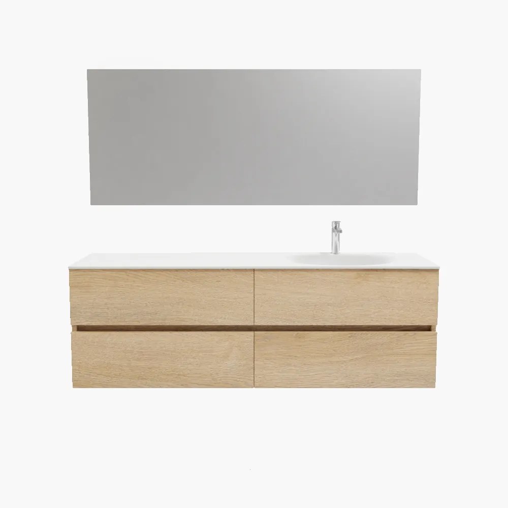 Zaro Sevilla Solid Surface badmeubel 150cm licht eiken 1 kraangat spoelbak rechts met 4 lades