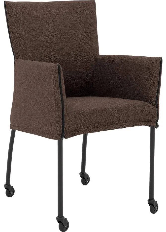 Goossens Eetkamerstoel Funk Zwarte Poten bruin stof met armleuning en Zwart skater wiel met zwarte kapmet wielen, modern design