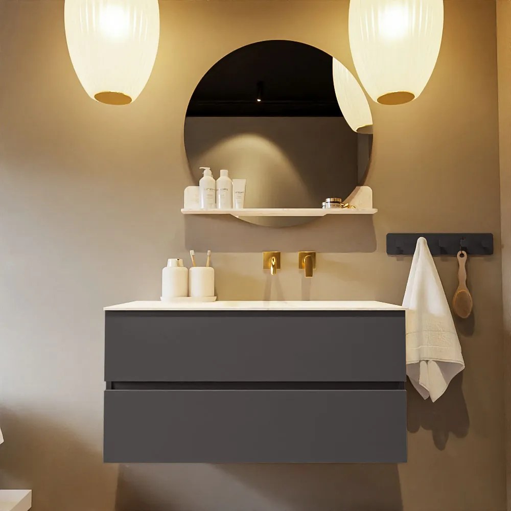 Mondiaz Vica DLux badmeubel 100cm dark grey 2 lades met wastafel ostra rechts zonder kraangat
