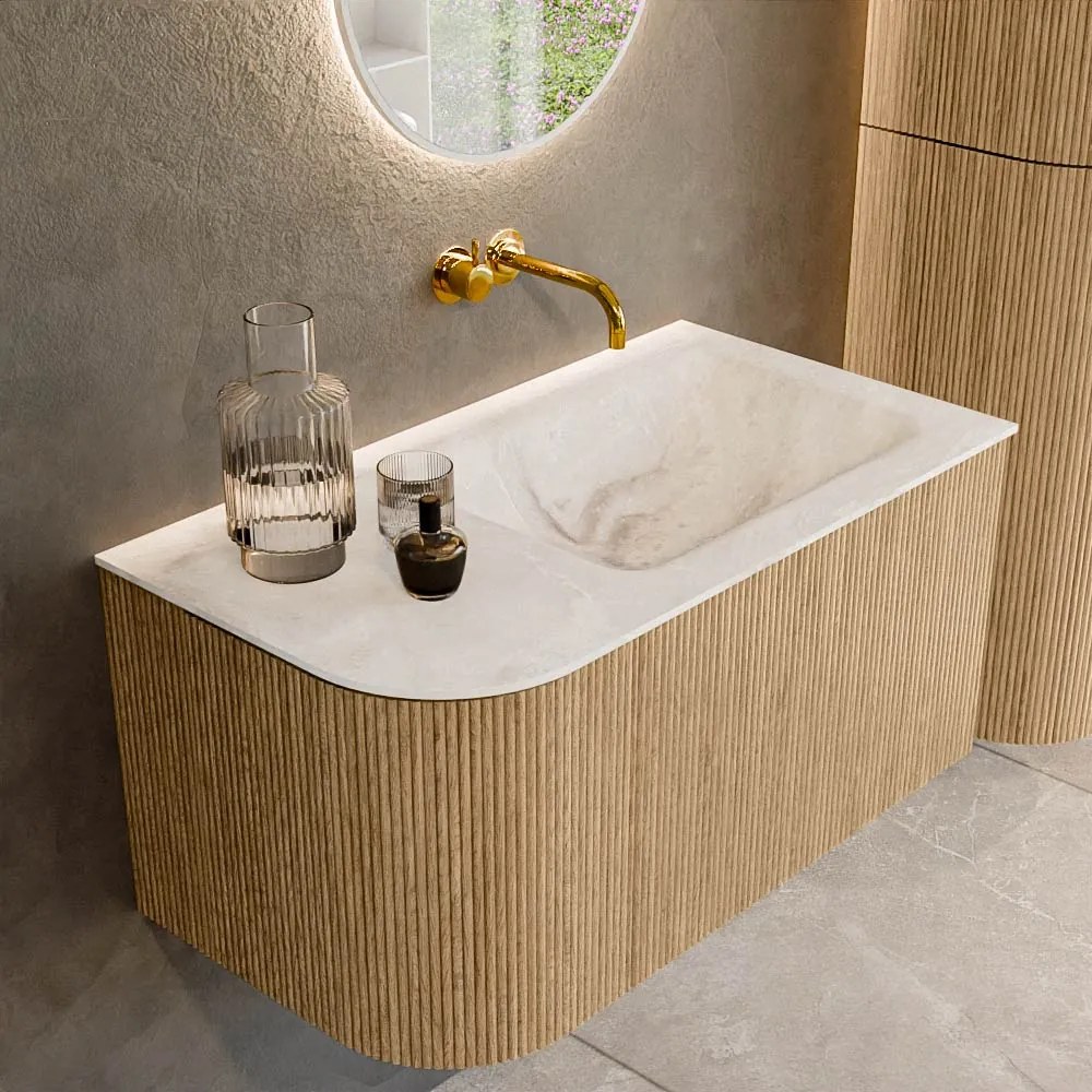 Mondiaz Kurve-dlux 85cm badmeubel ronding links oak met 1 lade en deur en wastafel cloud rechts zonder kraangat frappe