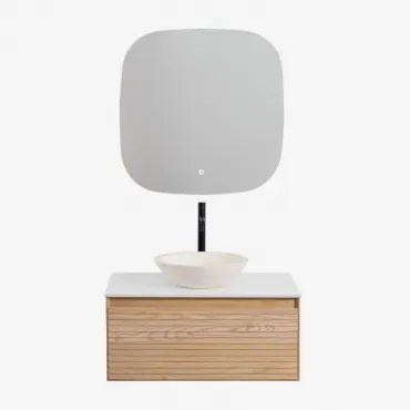 Tedrik Badkamermeubelset In Essenhout Ash Brown & Rond Cement Wit Ø40 Cm Zavion & Vierkant Led En Anticondens 75x75 Cm Tobie & Zwart - Sklum