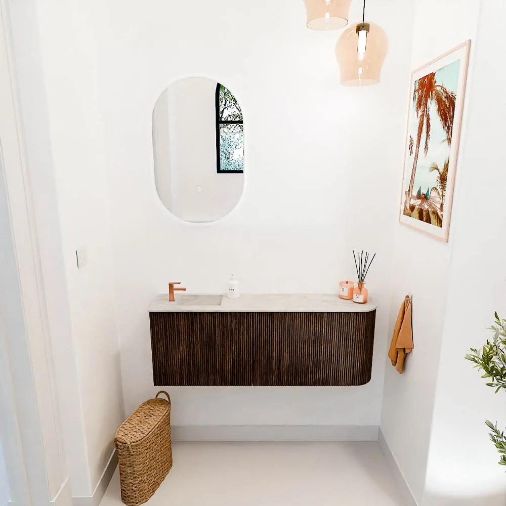 Mondiaz Joya DLux 110cm toiletmeubel ronding rechts walnut met wastafel faye links 1 kraangat ostra