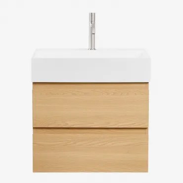 Ona Zwevend Badkamermeubelset Van Hout En Essenfineer Met Geïntegreerde Wastafel Natuurlijk Hout & Spiegelloze & Geborsteld Grijs - Sklum