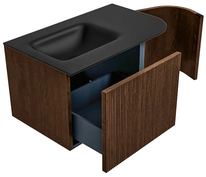 Mondiaz Kurve 75cm badmeubel ronding rechts walnut met 1 lade en deur en wastafel grunne kraangat links urban