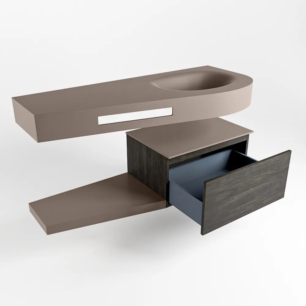 Mondiaz Riva badmeubel 120cm Dark Brown met 1 lade en wastafel rechts 1 kraangat Smoke