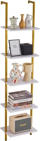 VEVOR Ladderplank met metalen frame, 5 niveaus, wandgemonteerde boekenplank, 40 x 30 cm, zwevende plank, opbergrek, houder voor kleine spullen voor keuken, slaapkamer, badkamer, woonkamer, goudwit