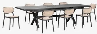 Set Van Een Uitschuifbare Rechthoekige Tafel 240-300x100 Cm In Aluminium Karena En 8 Stapelbare Tuinstoelen Van Polypropyleen Om Grijs – Grafiet -