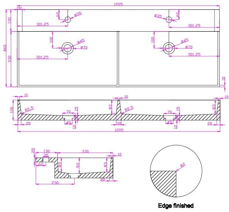 Saniclear Dark Emperador marmeren wastafel 120x46cm met kraangaten