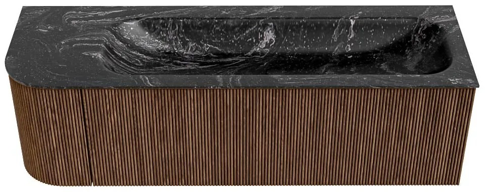 Mondiaz Kurve-dlux 145cm badmeubel ronding links walnut met 1 lade en deur en wastafel big large rechts zonder kraangat lava