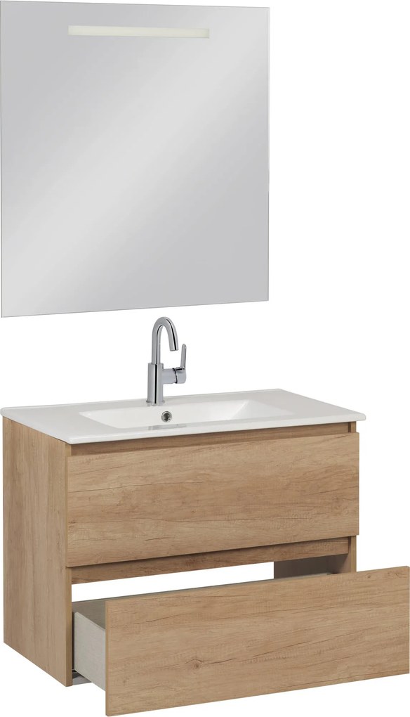 Saqu Diverso badmeubel incl. keramische wastafel 80x46x60cm en spiegel met LED nature