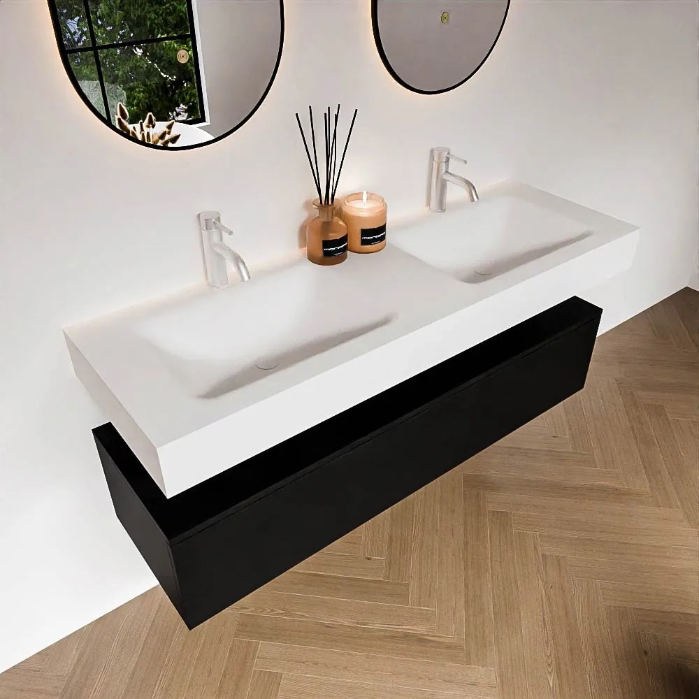 Zaro Alan badmeubel 140cm urban 1 lade met vrijhangende wastafel cloud dubbel 2 kraangaten talc