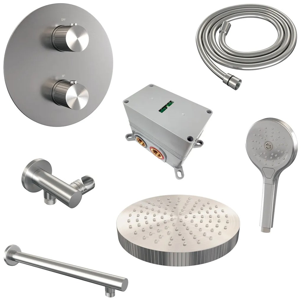 Brauer Stripe inbouw regendouche rond met 25cm hoofddouche, rechte muurarm en 3 standen handdouche set 40 RVS geborsteld PVD