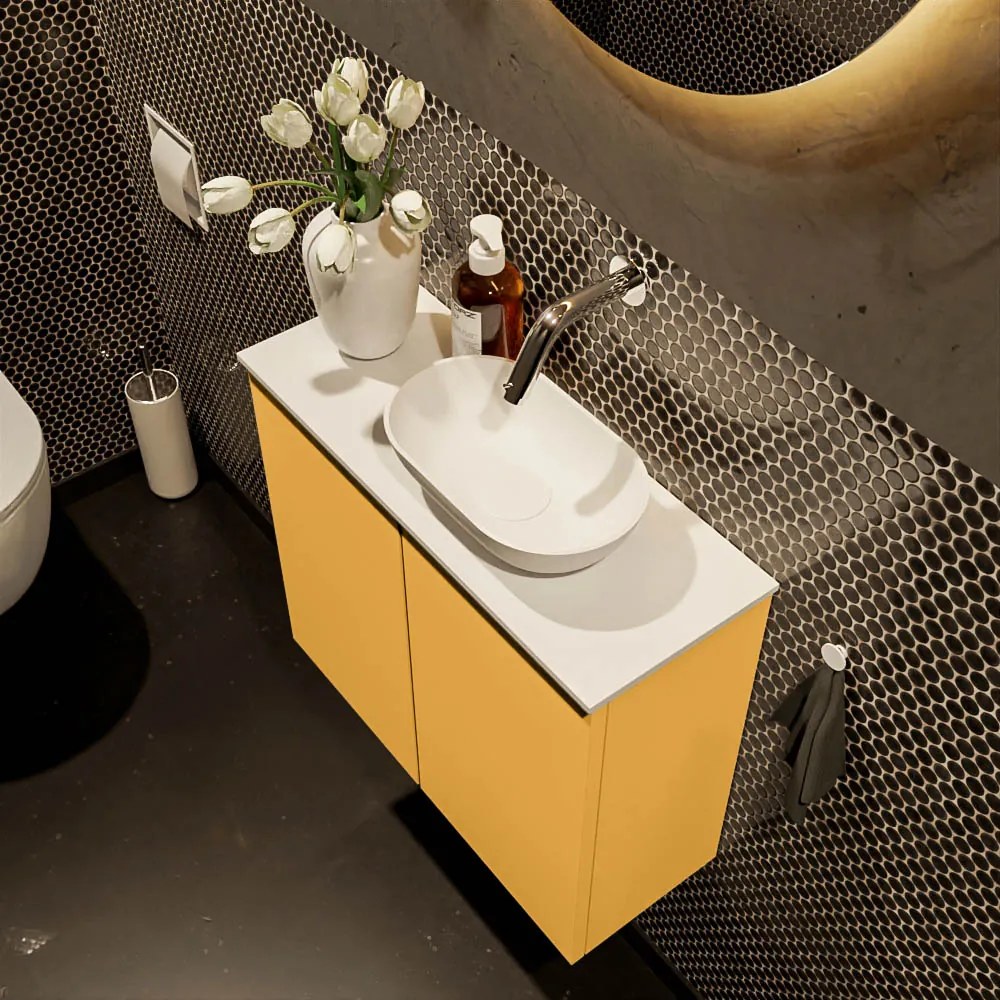 Mondiaz Fowy toiletmeubel 60cm ocher met witte waskom rechts zonder kraangat