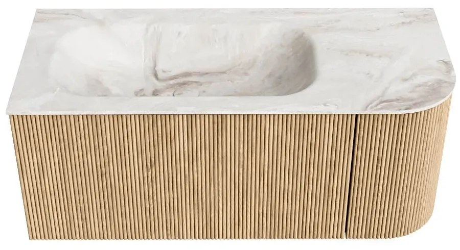Mondiaz Kurve-dlux 105cm badmeubel ronding rechts oak met 1 lade en deur en wastafel big small links zonder kraangat frappe