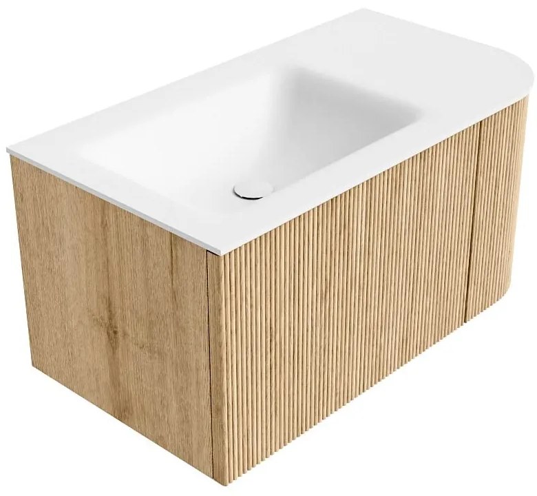 Mondiaz Kurve 85cm badmeubel ronding rechts oak met 1 lade en deur en wastafel cloud kraangat links