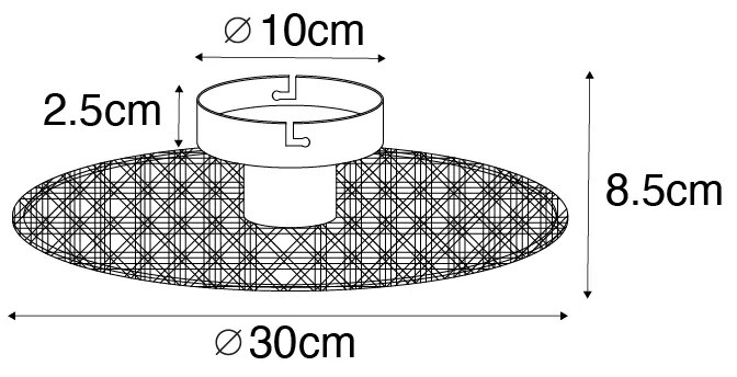 Landelijke plafond en wandlamp zwart met rotan 30 cm - KataOosters, Landelijk E27 rond Binnenverlichting Lamp