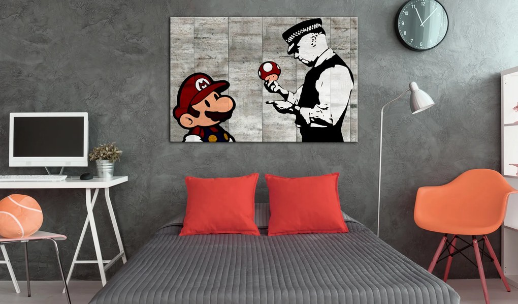 Schilderij - Mario en politieagent op beton , Banksy , betonlook