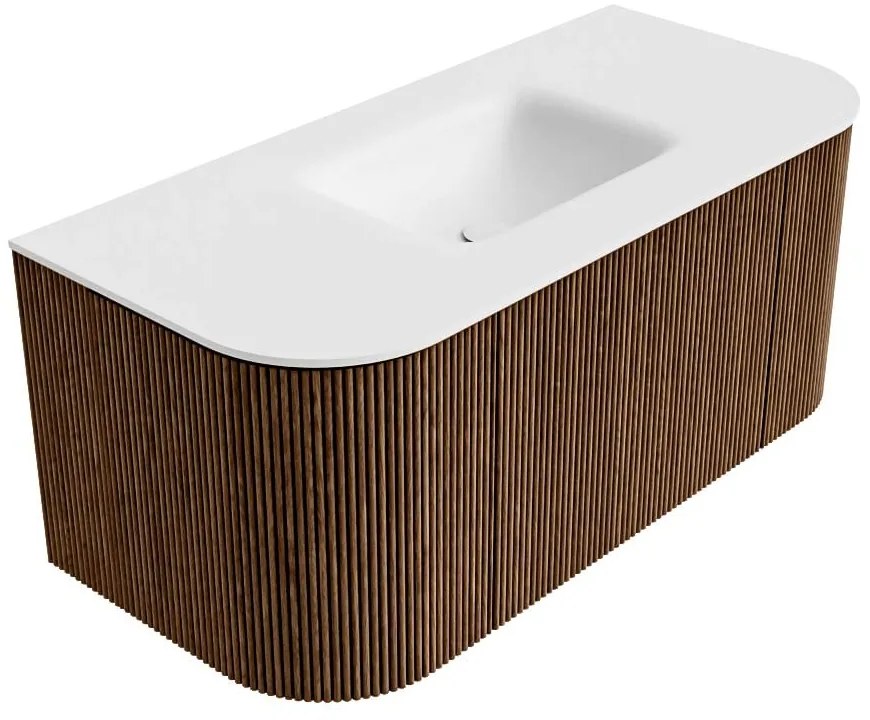 Mondiaz Kurve 100cm badmeubel ronding links/rechts walnut met 1 lade en 2 deuren en wastafel grunne midden zonder kraangat