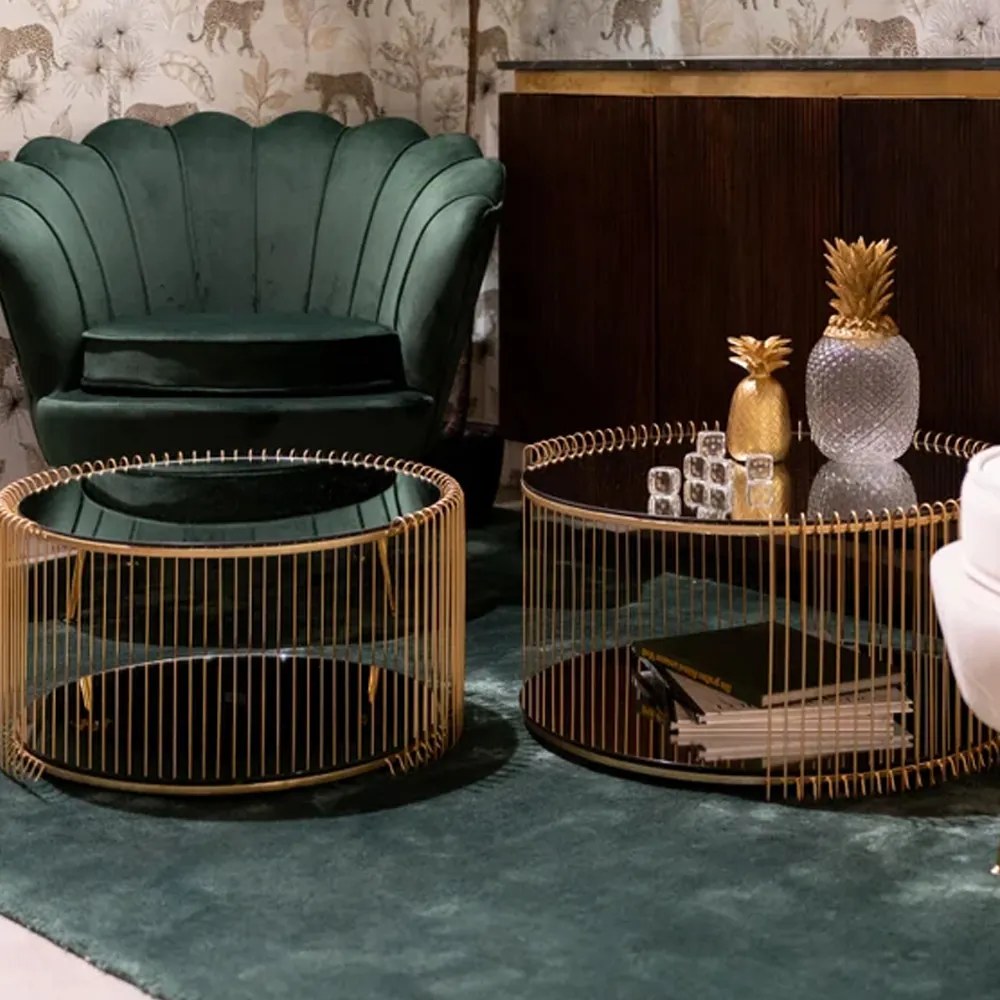 Kare Design Wire Double Ronde Salontafel Set Goud Met Glasplaat - 69.5 X 69.5cm.