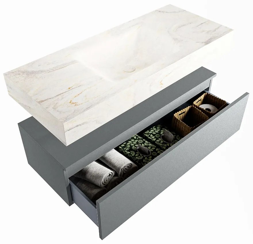 Mondiaz Alan DLux badmeubel 110cm plata 1 lade met wastafel ostra midden zonder kraangat