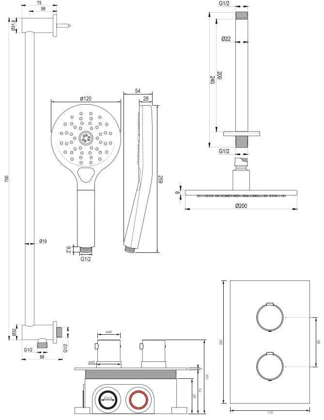 Brauer Gunmetal Edition complete inbouw regendouche met 3 standen handdouche, plafondarm, glijstang en hoofddouche 20cm set 47 gunmetal geborsteld PVD