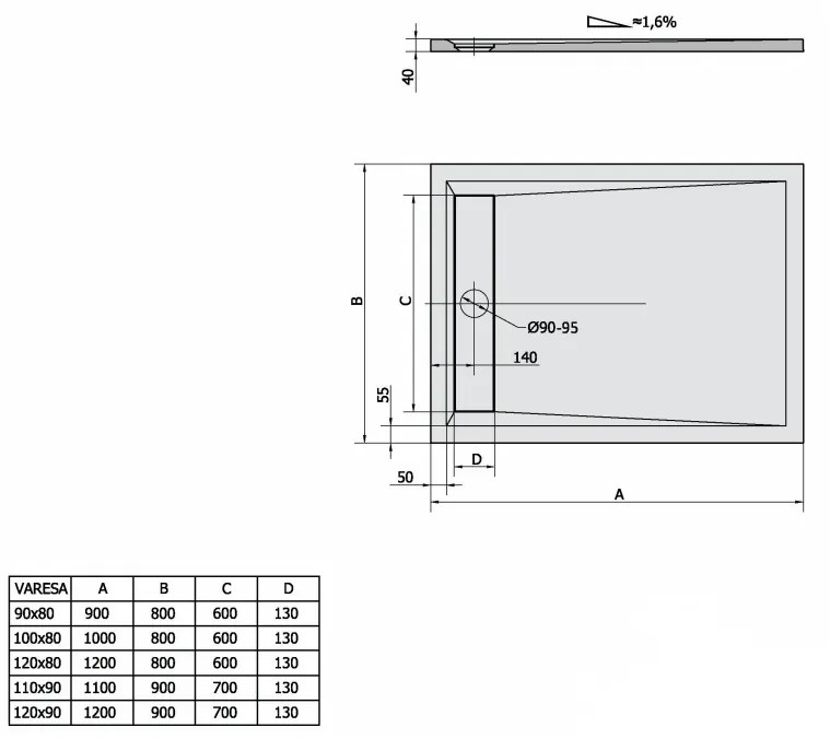 Polysan Varesa rechthoekige douchebak 120x80cm wit