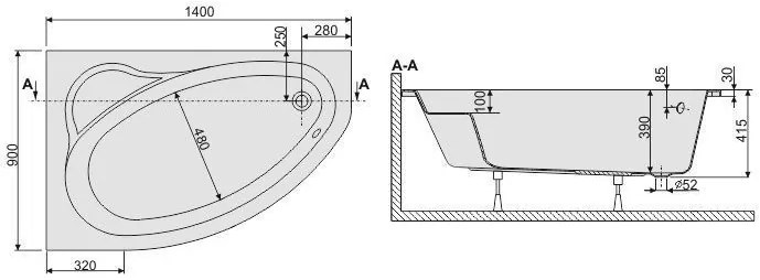 Plazan Ekoplus badkuip met paneel 140x90cm wit rechts inclusief potenset