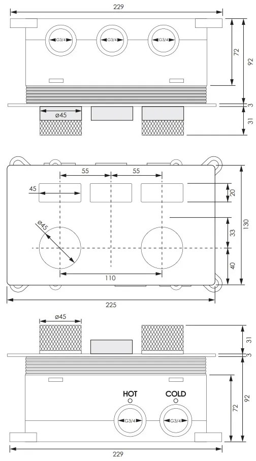 Brauer Gold Carving 3-weg inbouwthermostaat met drukknoppen messing geborsteld PVD