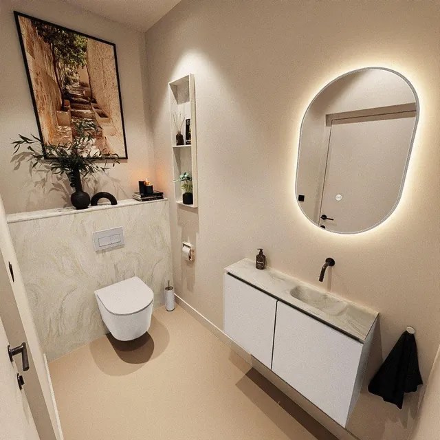 MONDIAZ TURE-DLUX 80cm toiletmeubel Linen. EDEN wastafel Ostra positie rechts. Zonder kraangat. TUREDX80LINR0OST