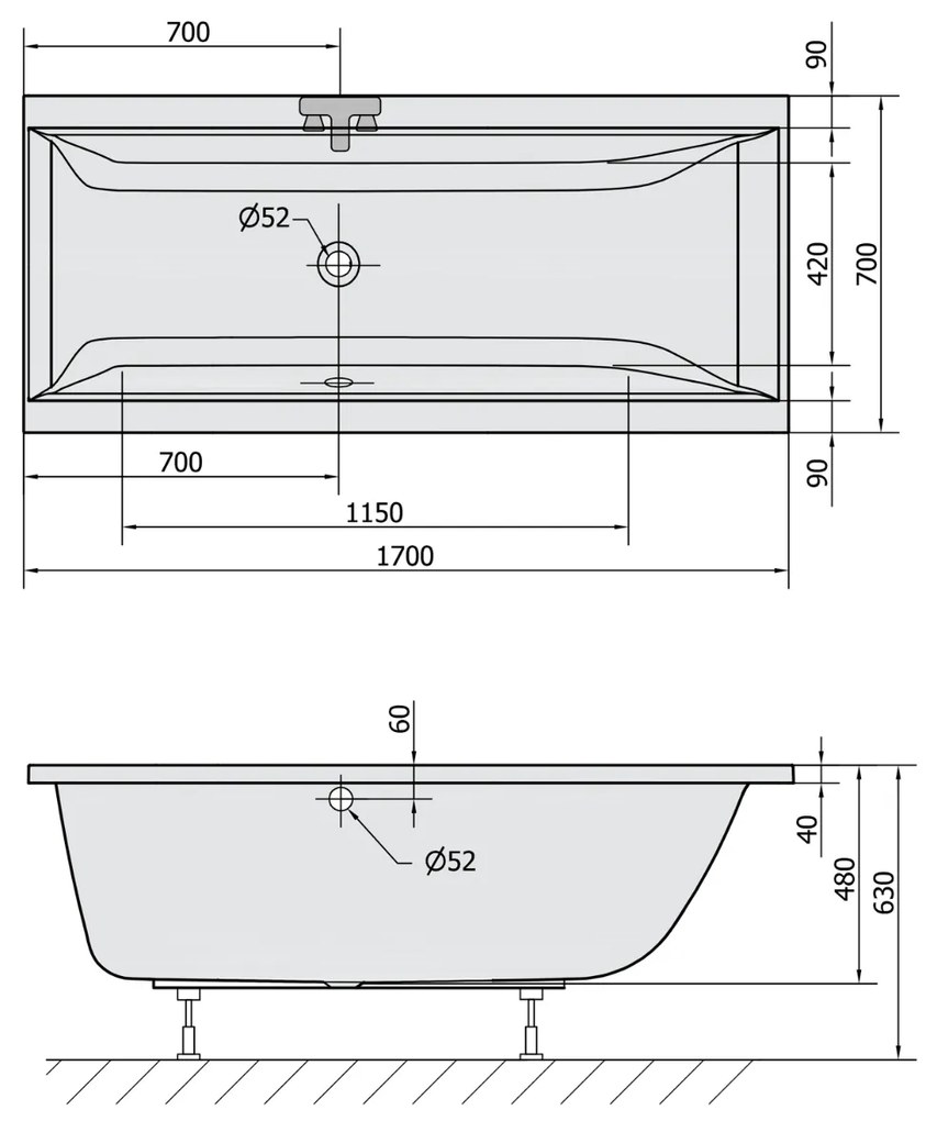 Polysan Cleo ligbad 170x70x48cm donkergrijs