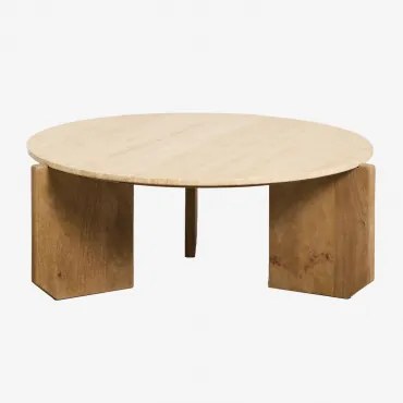 Lavinia Ronde Salontafel Ø90 Cm In Travertijn En Mangohout Travertine & Natuurlijk Hout & Ø90 Cm - Sklum