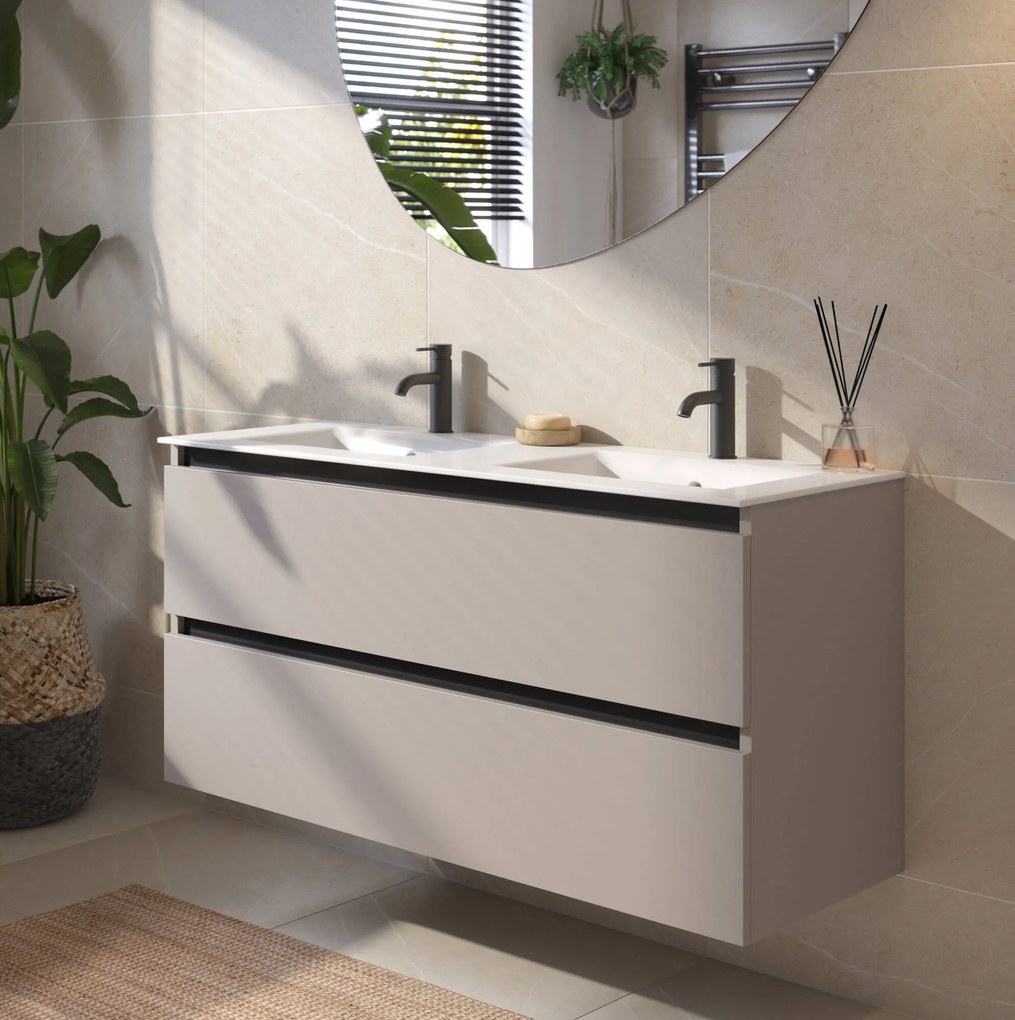 Saqu Gaia badmeubel incl. dubbele keramische wastafel 120x46x61cm mat greige – zwarte greeplijst