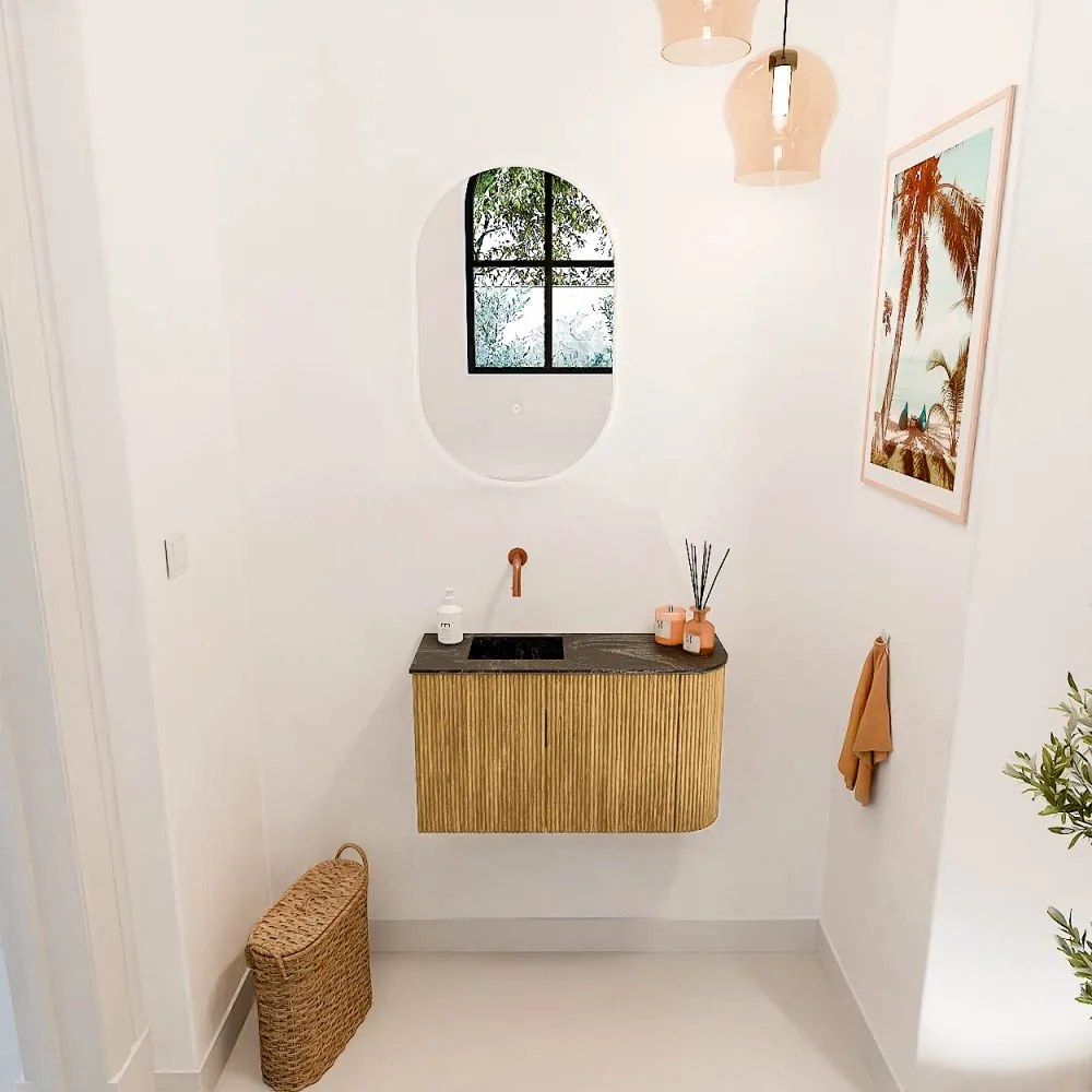 Mondiaz Joya DLux 70cm toiletmeubel ronding rechts oak met wastafel faye links zonder kraangat lava
