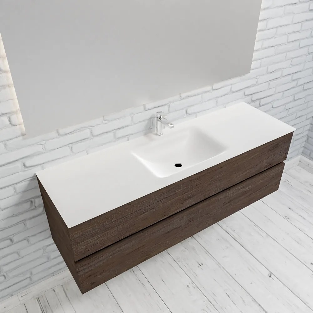 Zaro Valencia Solid Surface badmeubel 150cm donker eiken 1 kraangat spoelbak midden met 2 lades