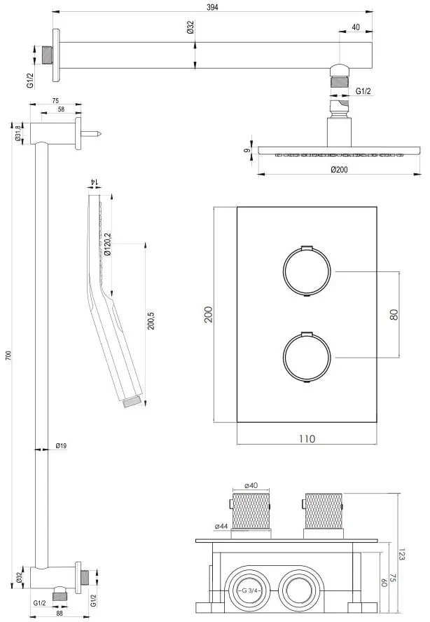 Brauer Black Carving complete inbouw regendouche set 43 met 20cm douchekop, rechte muurarm, 3 standen handdouche en glijstang mat zwart
