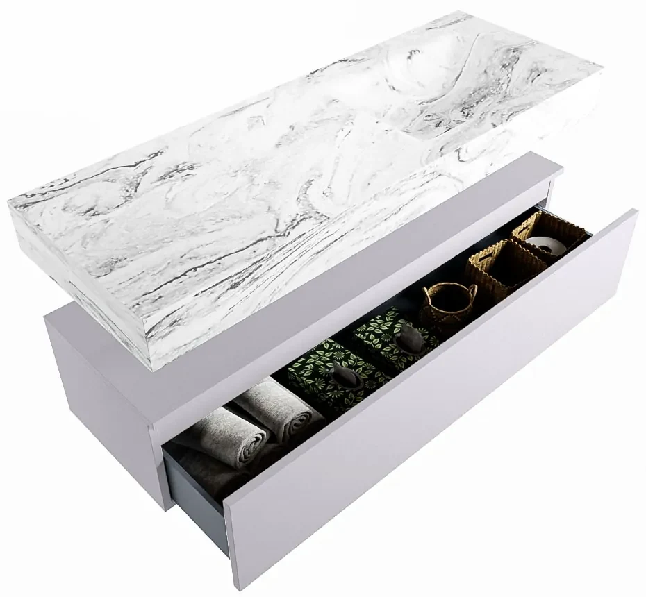 Mondiaz Alan DLux badmeubel 130cm cale 1 lade met wastafel glace rechts 1 kraangat
