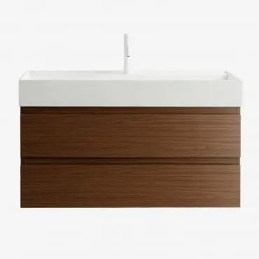 Ona Zwevend Badkamermeubelset Van Hout En Essenfineer Met Geïntegreerde Wastafel Donker Hout & Spiegelloze & Wit ↑20 Cm - Sklum