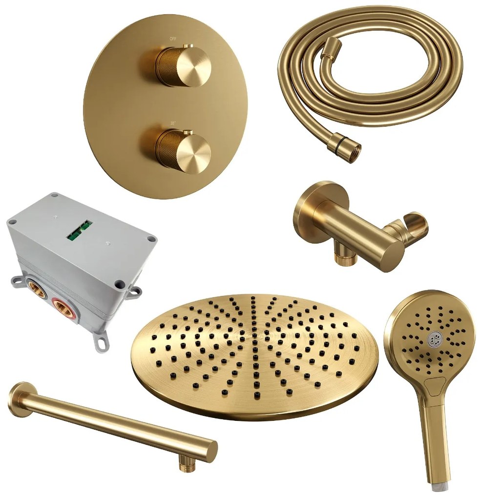 Brauer Gold Carving thermostatische inbouw regendouche met 3 standen handdouche, rechte muurarm en hoofddouche 30cm set 80 messing geborsteld PVD