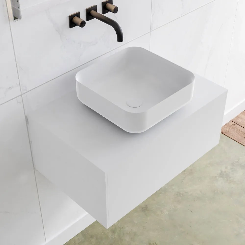 Zaro Lagom volledig naadloos solid surface onderkast met topblad 70cm mat wit met 1 lades Push tot open. Compleet met solid surface opzetkom met 0 kraangat(en)