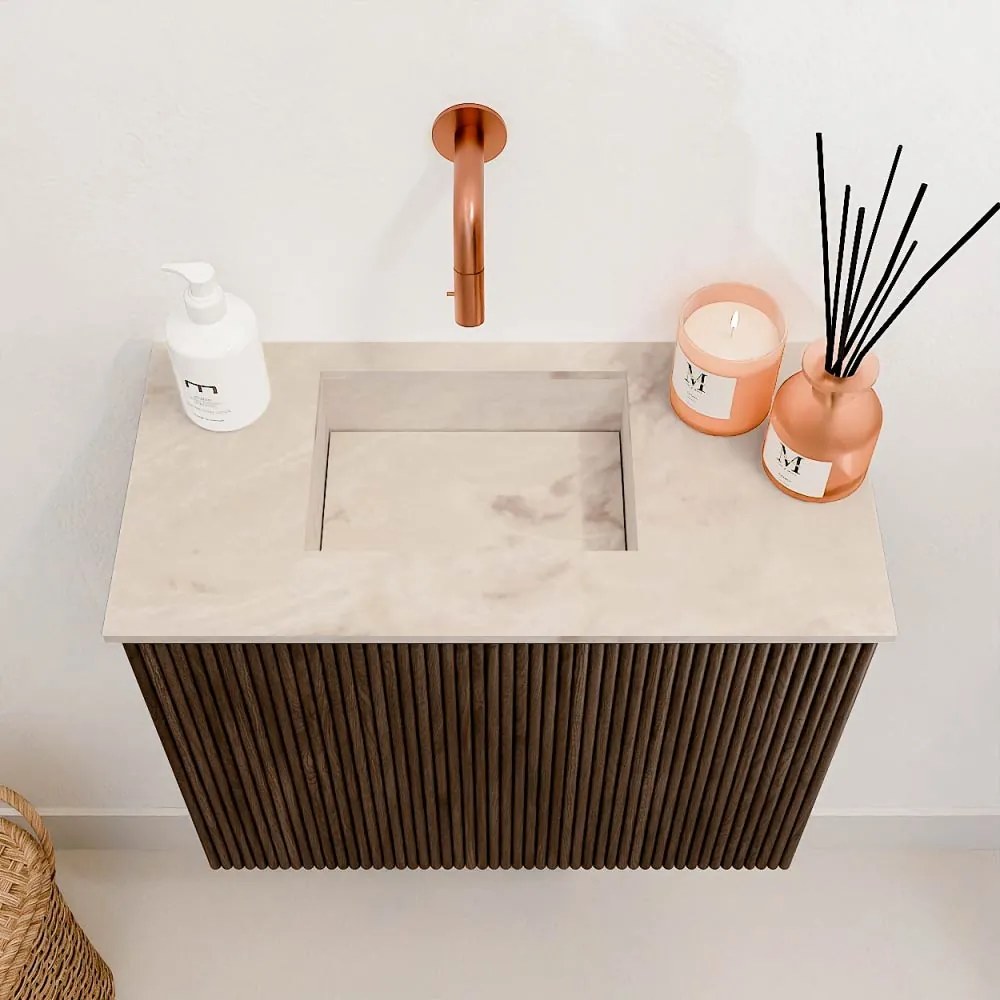 Mondiaz Joya DLux 50cm toiletmeubel walnut met wastafel faye links zonder kraangat frappe