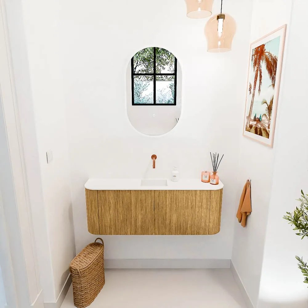 Mondiaz Joya 115cm toiletmeubel ronding links/rechts oak met wastafel faye midden zonder kraangat talc