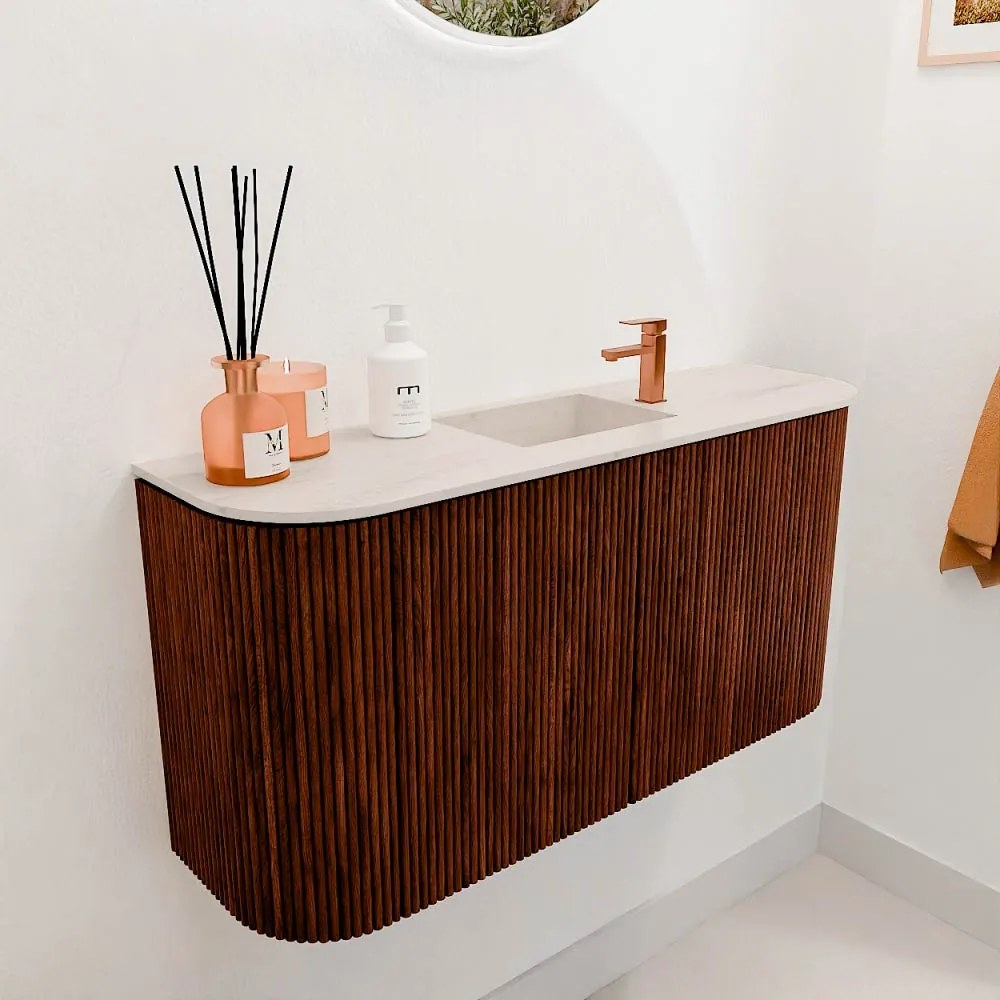Mondiaz Joya DLux 85cm toiletmeubel ronding links/rechts ruby met wastafel faye midden 1 kraangat meli