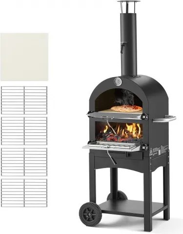 VEVOR Pizzaoven 12 inch pelletoven, 2-laags houtgestookte pizzaoven, houtgestookte buitenoven met 2 afneembare wielen, pizzamaker met een maximale temperatuur van 540 °C voor grillen