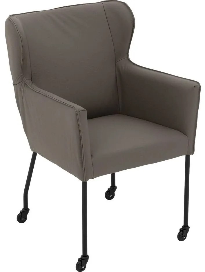 Goossens Excellent Eetkamerstoel Leogang grijs leer met armleuning en Zwart skater wiel met zwarte kapmet wielen, elegant chic