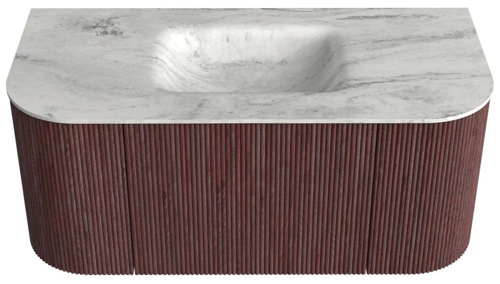 Mondiaz Kurve-dlux 100cm badmeubel ronding links/rechts ruby met 1 lade en 2 deuren en wastafel grunne midden zonder kraangat opalo
