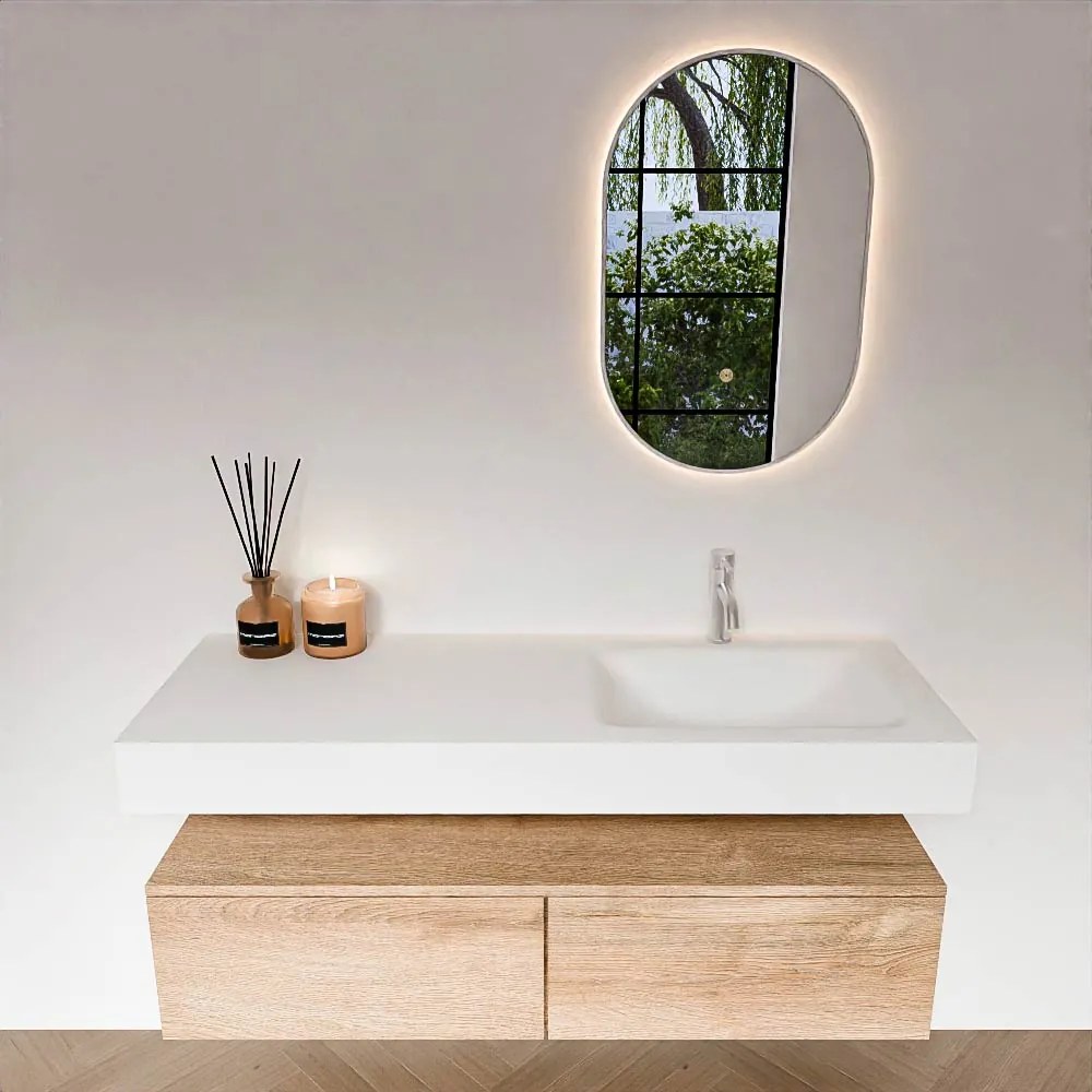 Zaro Alan badmeubel 130cm washed oak 2 lades met vrijhangende wastafel cloud rechts 1 kraangat talc