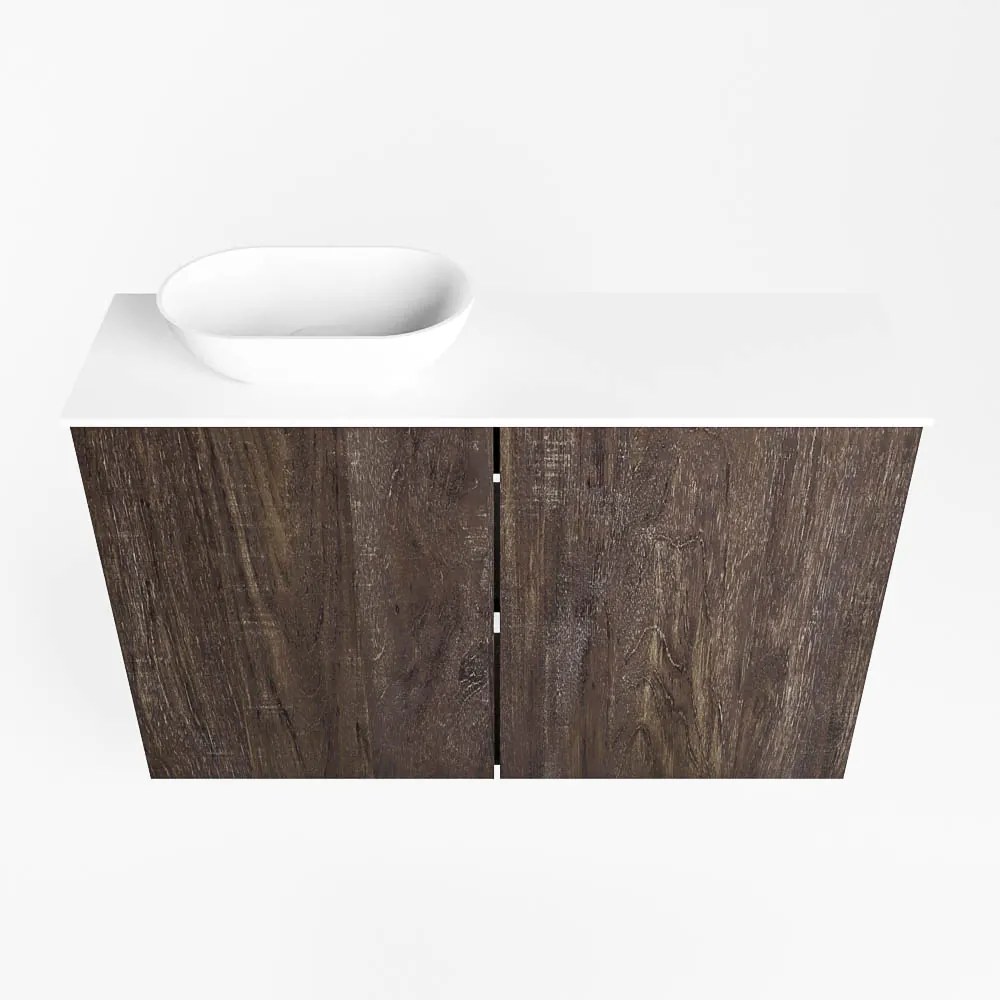 Mondiaz Fowy toiletmeubel 80cm dark brown met witte waskom links en kraangat