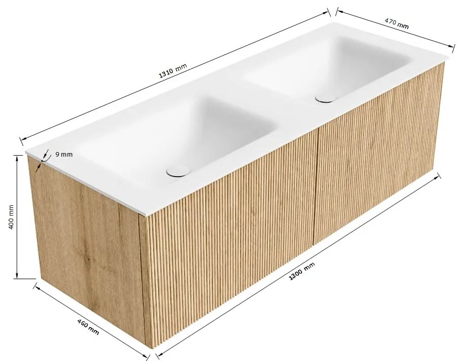 Mondiaz Kurve 130cm badmeubel walnut met 2 lades en wastafel cloud dubbel zonder kraangat urban